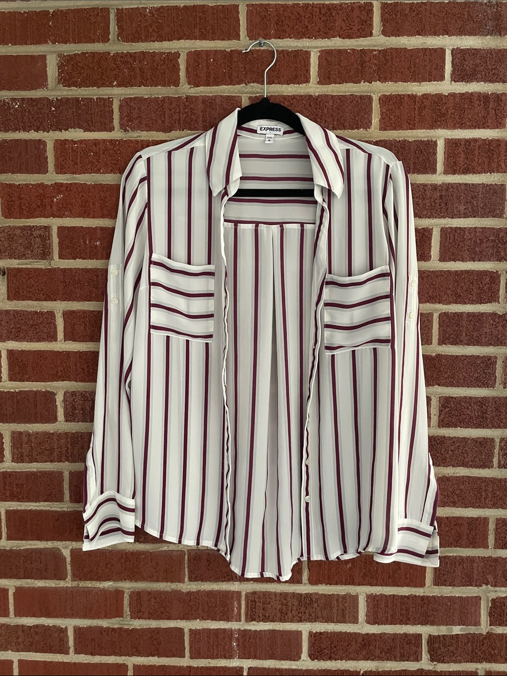 Express White Button-Up Shirt with Burgundy Stripes